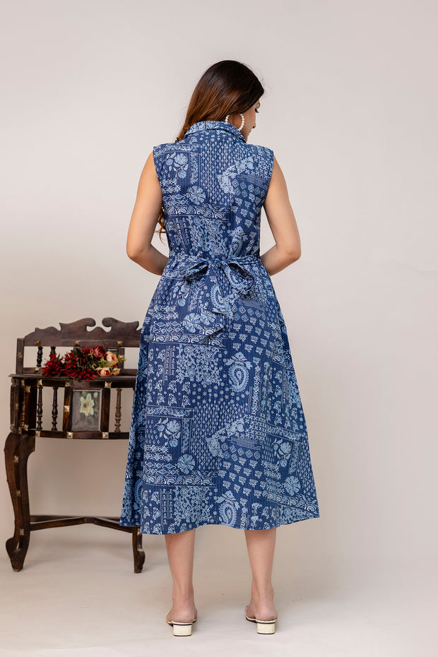 Blue Printed Notched Collar Dress for Women
