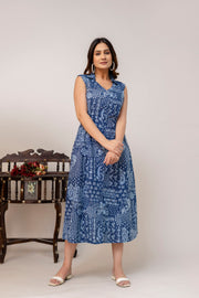 Blue Printed Notched Collar Dress for Women
