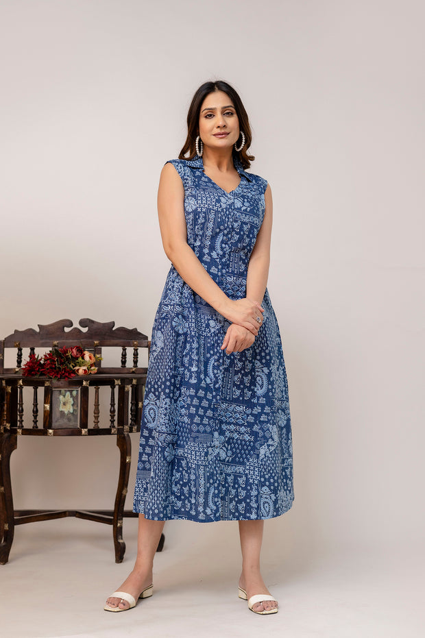 Blue Printed Notched Collar Dress for Women