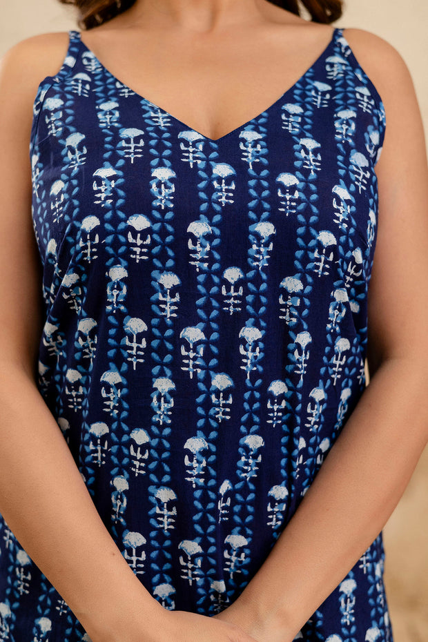 Blue Printed Sleeveless Top for Women