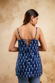 Blue Printed Sleeveless Top for Women