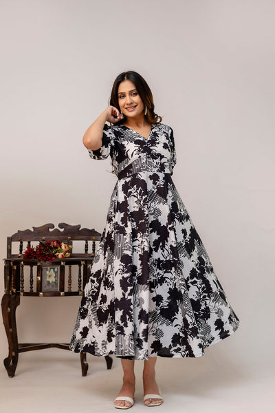 Black Floral Printed Flared Dress for Women