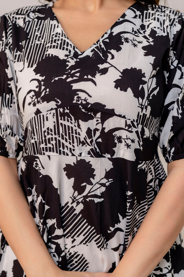 Black Floral Printed Flared Dress for Women