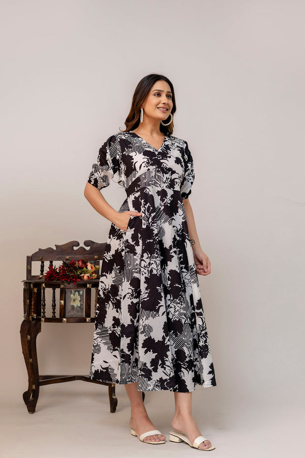 Black Floral Printed Flared Dress for Women