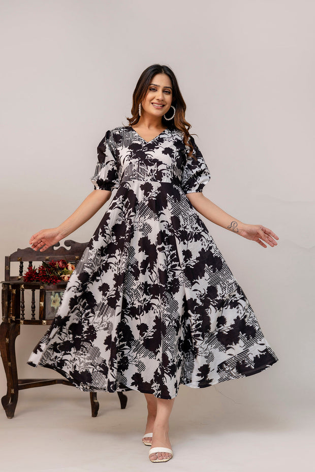 Black Floral Printed Flared Dress for Women