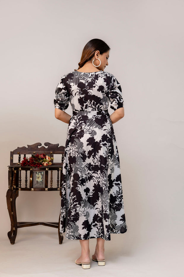 Black Floral Printed Flared Dress for Women