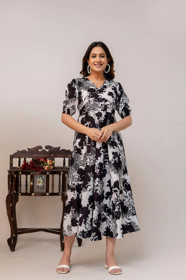 Black Floral Printed Flared Dress for Women
