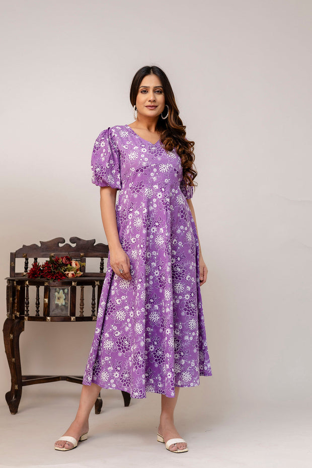 Purple Floral Printed Flared Dress for Women