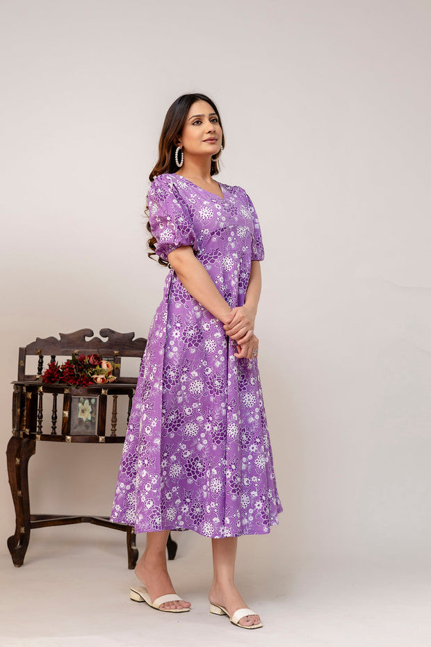 Purple Floral Printed Flared Dress for Women