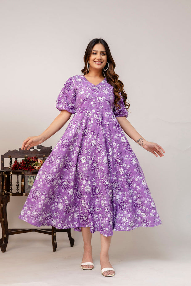Purple Floral Printed Flared Dress for Women