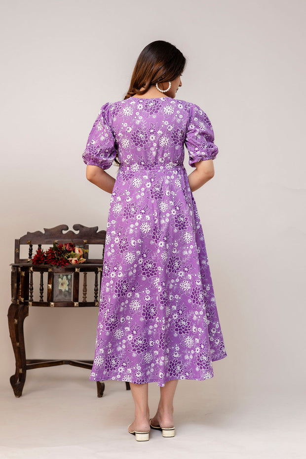 Purple Floral Printed Flared Dress for Women