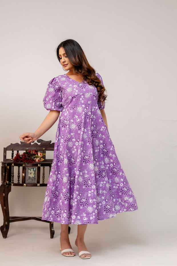 Purple Floral Printed Flared Dress for Women