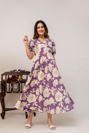 Purple Floral Printed Flared Dress for Women