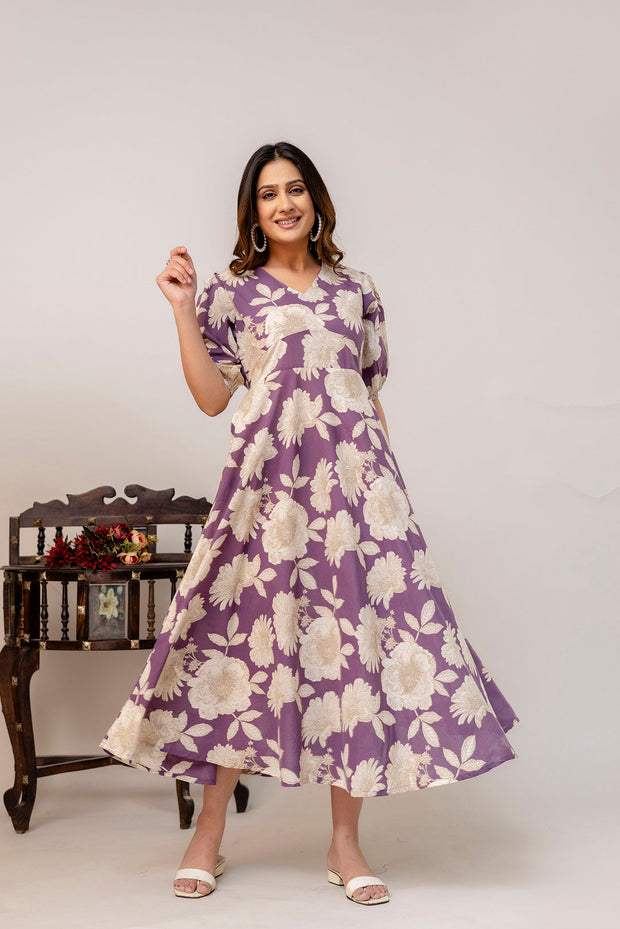 Purple Floral Printed Flared Dress for Women