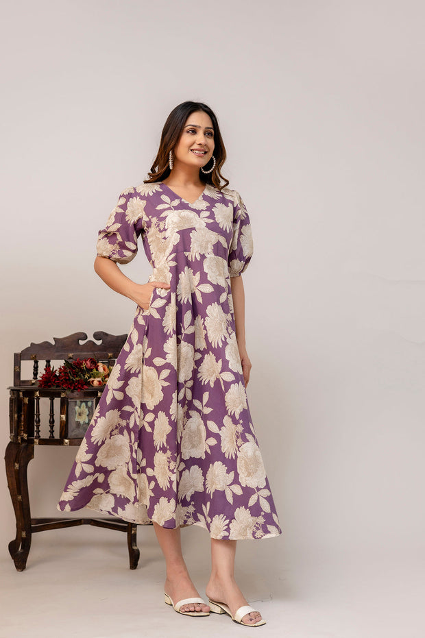 Purple Floral Printed Flared Dress for Women