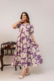 Purple Floral Printed Flared Dress for Women
