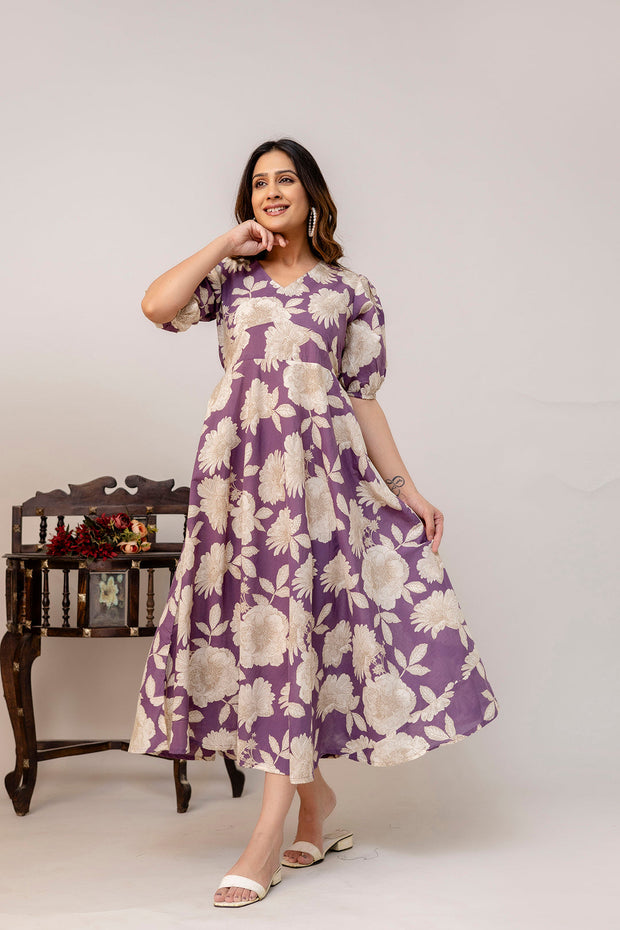 Purple Floral Printed Flared Dress for Women