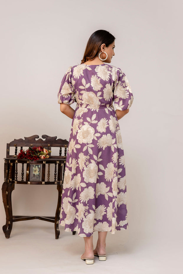Purple Floral Printed Flared Dress for Women