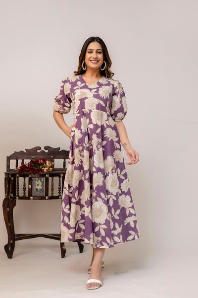 Purple Floral Printed Flared Dress for Women