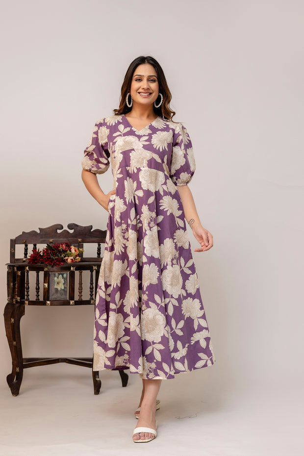 Purple Floral Printed Flared Dress for Women