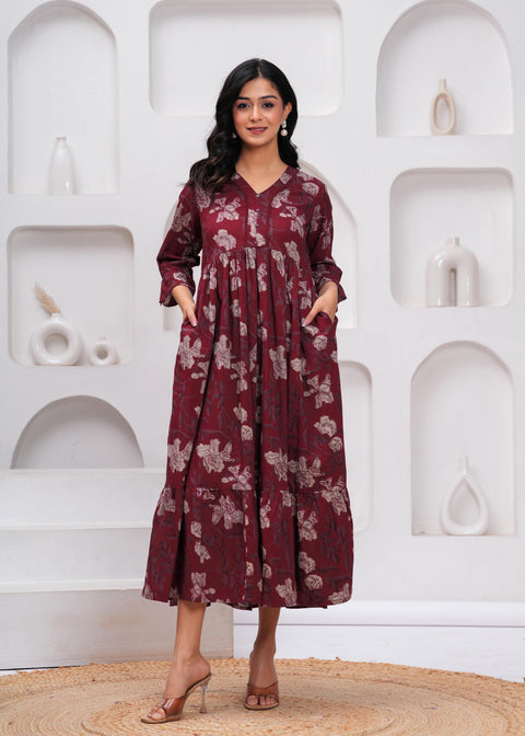 Burgundy Floral Printed Flared Dress for Women Nayo Clothing Burgundy Floral Printed Flared Dress for Women Nayo Clothing