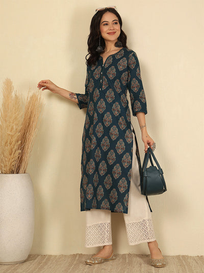 Teal Blue Printed Straight Kurta with Three Quarter Sleeves
