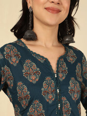 Teal Blue Printed Straight Kurta with Three Quarter Sleeves