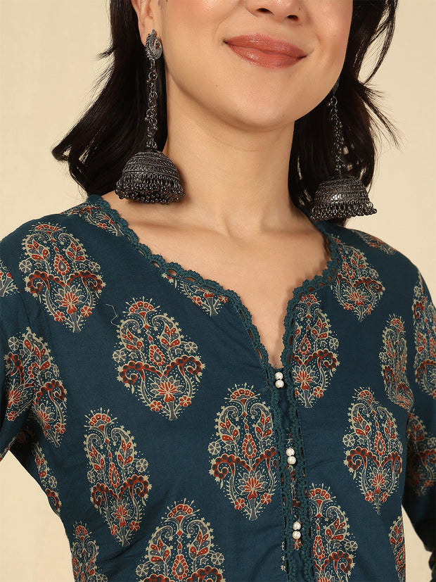 Teal Blue Printed Straight Kurta with Three Quarter Sleeves