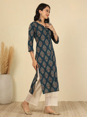 Teal Blue Printed Straight Kurta with Three Quarter Sleeves