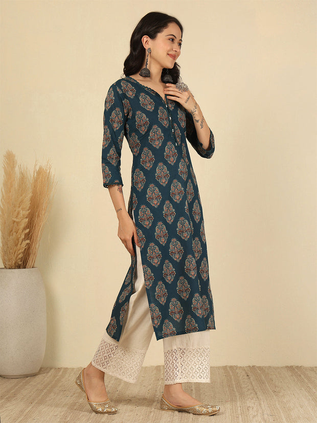 Teal Blue Printed Straight Kurta with Three Quarter Sleeves