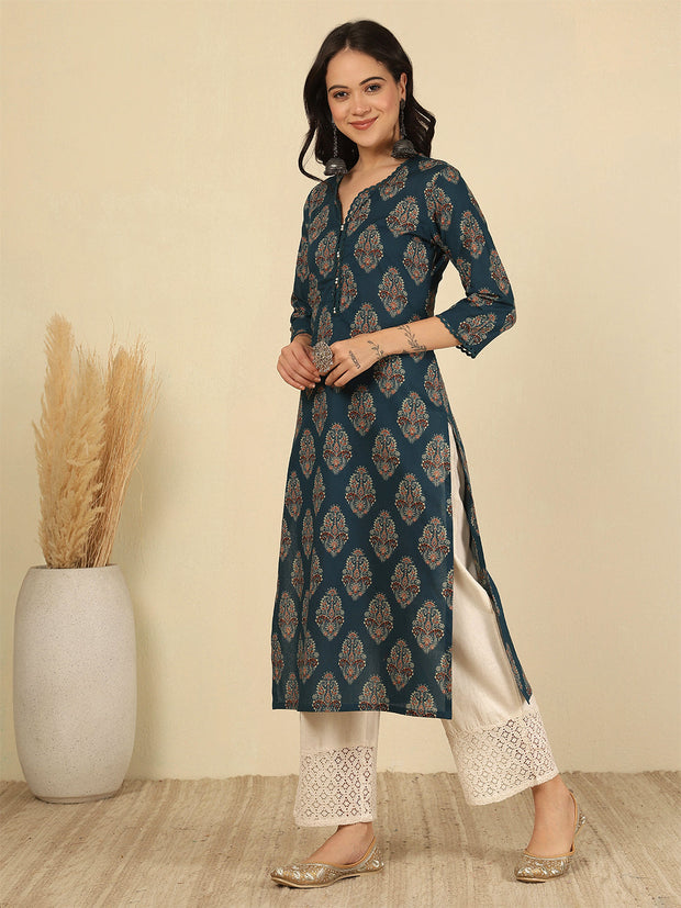 Teal Blue Printed Straight Kurta with Three Quarter Sleeves