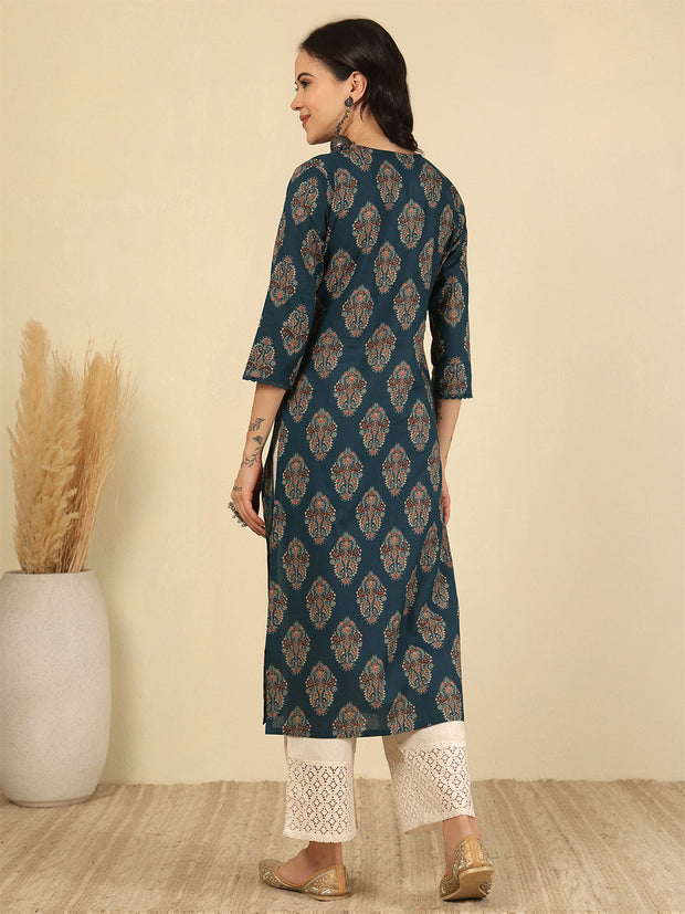 Teal Blue Printed Straight Kurta with Three Quarter Sleeves