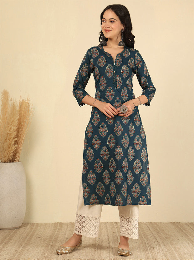Teal Blue Printed Straight Kurta with Three Quarter Sleeves