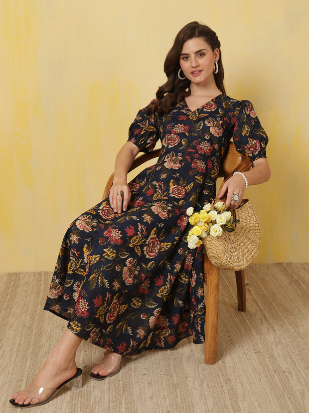 Blue Floral Printed Flared Dress for Women