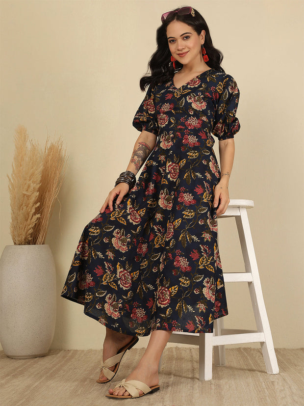 Blue Floral Printed Flared Dress for Women
