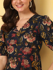 Blue Floral Printed Flared Dress for Women