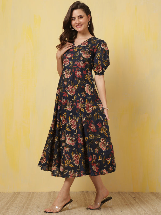 Blue Floral Printed Flared Dress for Women