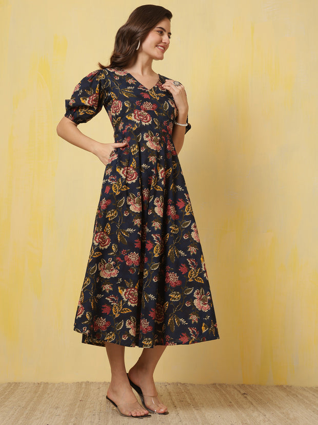Blue Floral Printed Flared Dress for Women