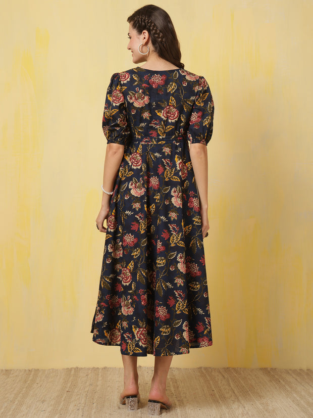 Blue Floral Printed Flared Dress for Women