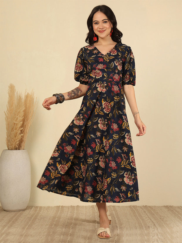 Blue Floral Printed Flared Dress for Women