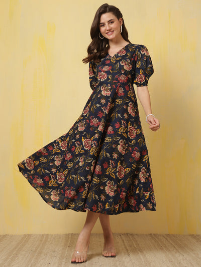 Blue Floral Printed Flared Dress for Women