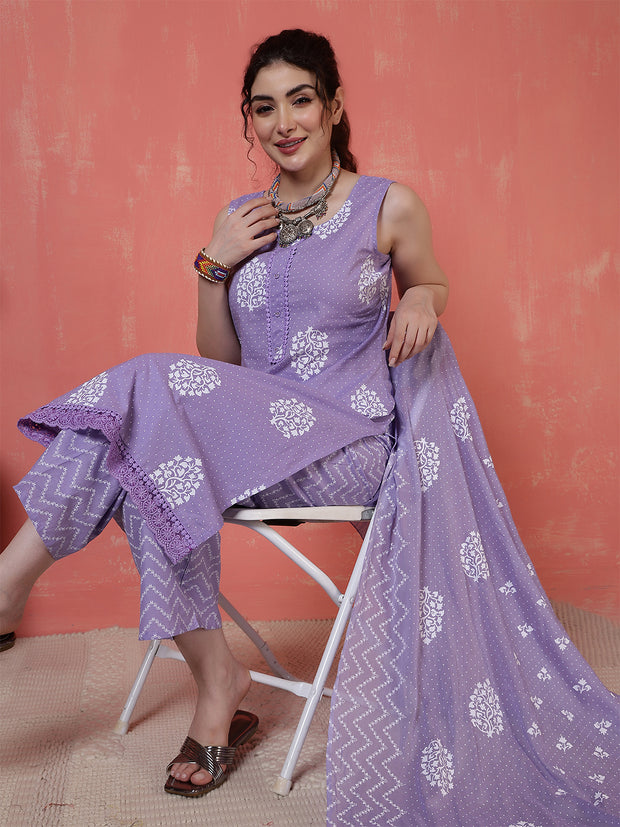 Purple Printed Kurta Set with Dupatta for Women