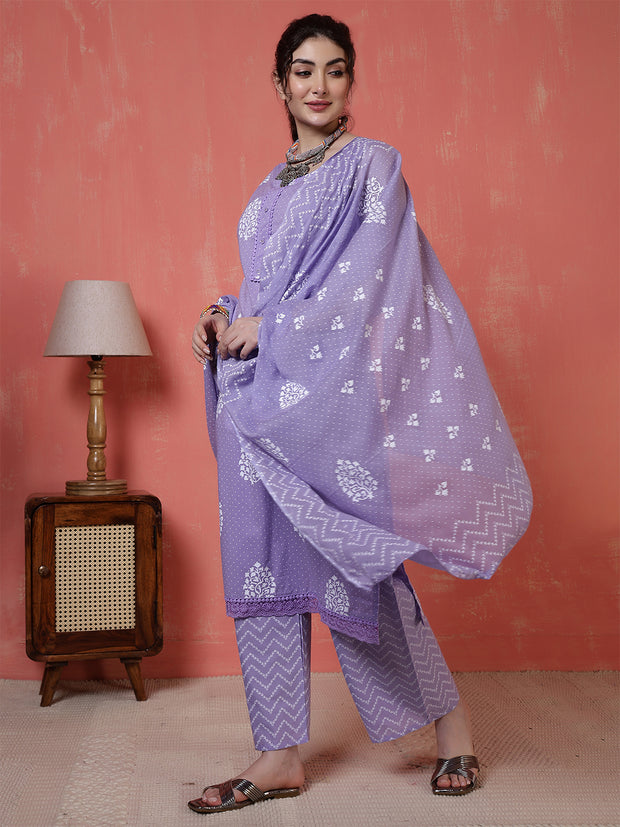 Purple Printed Kurta Set with Dupatta for Women
