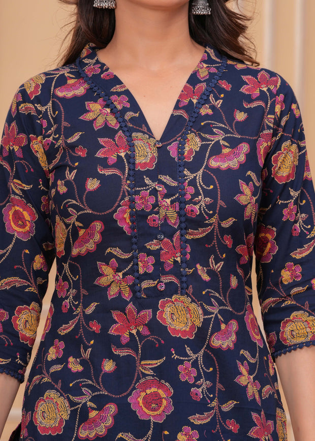 Blue Printed Straight Kurta Set With Dupatta for Women