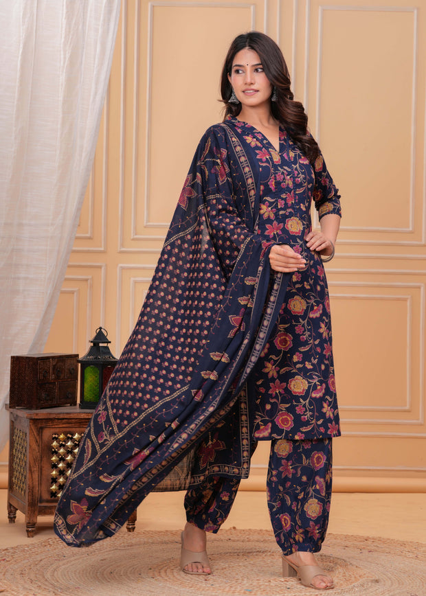 Blue Printed Straight Kurta Set With Dupatta for Women
