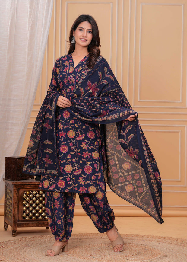 Blue Printed Straight Kurta Set With Dupatta for Women