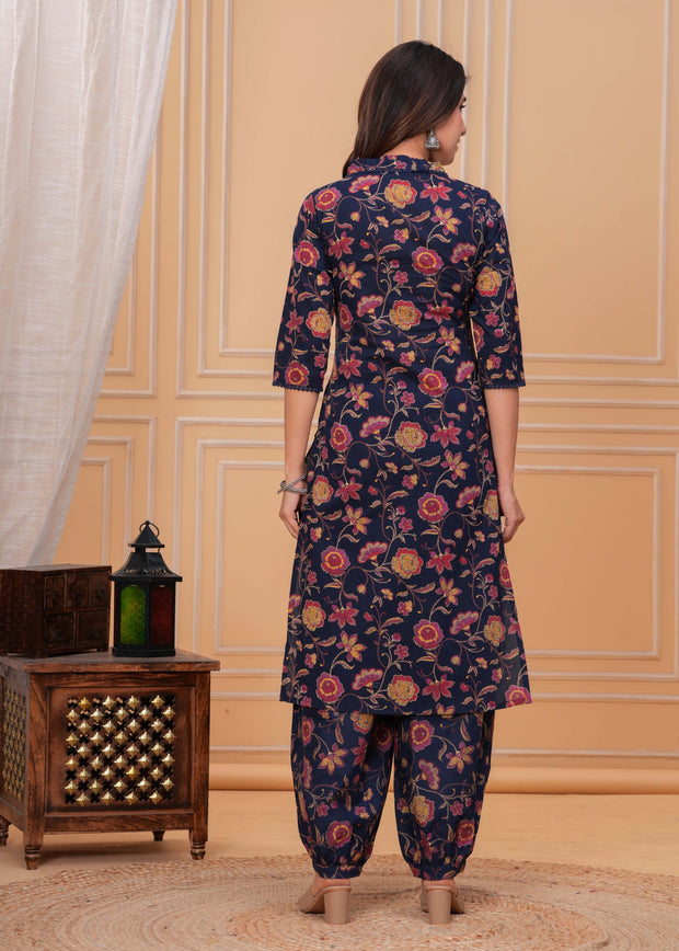 Blue Printed Straight Kurta Set With Dupatta for Women