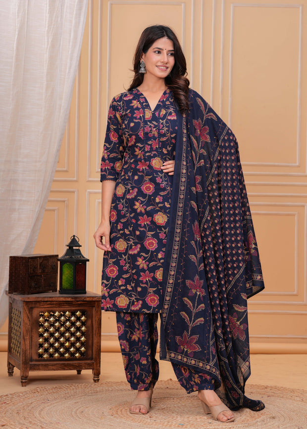 Blue Printed Straight Kurta Set With Dupatta for Women