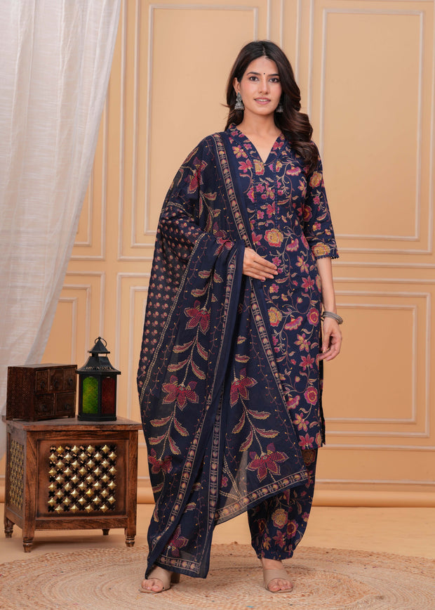 Blue Printed Straight Kurta Set With Dupatta for Women