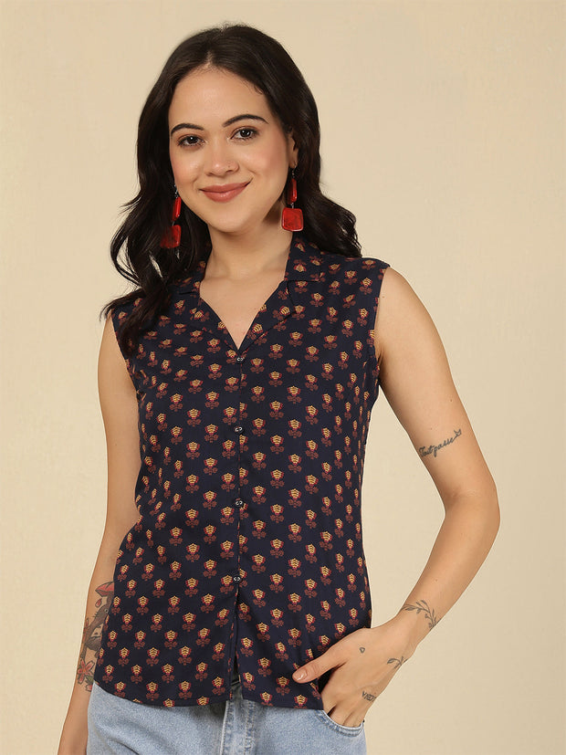 Women Blue Printed Straight Top